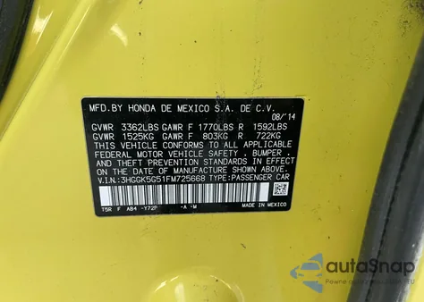 2015 Honda Fit Lx from USA, damaged, VIN 3HGGK5G51FM725668